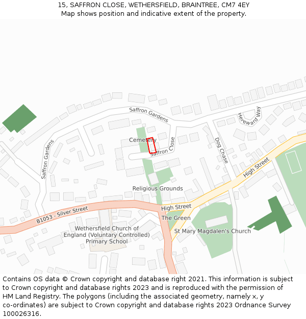 15, SAFFRON CLOSE, WETHERSFIELD, BRAINTREE, CM7 4EY: Location map and indicative extent of plot