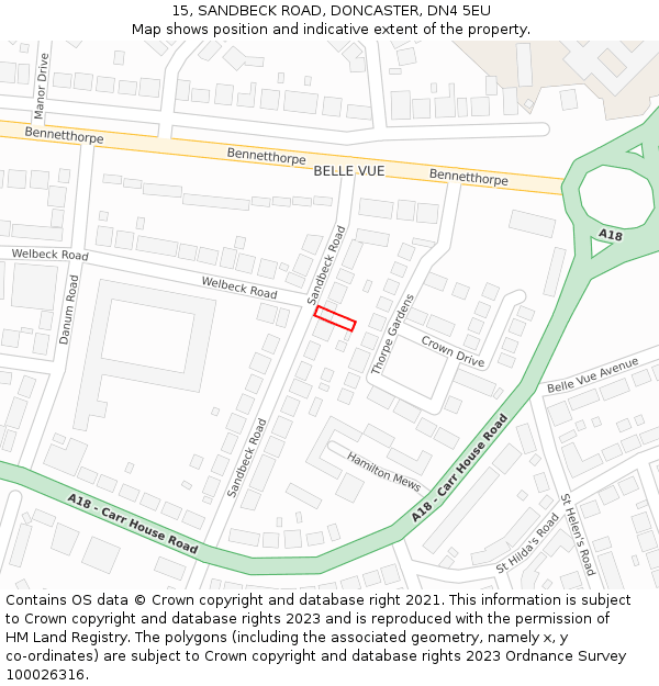 15, SANDBECK ROAD, DONCASTER, DN4 5EU: Location map and indicative extent of plot