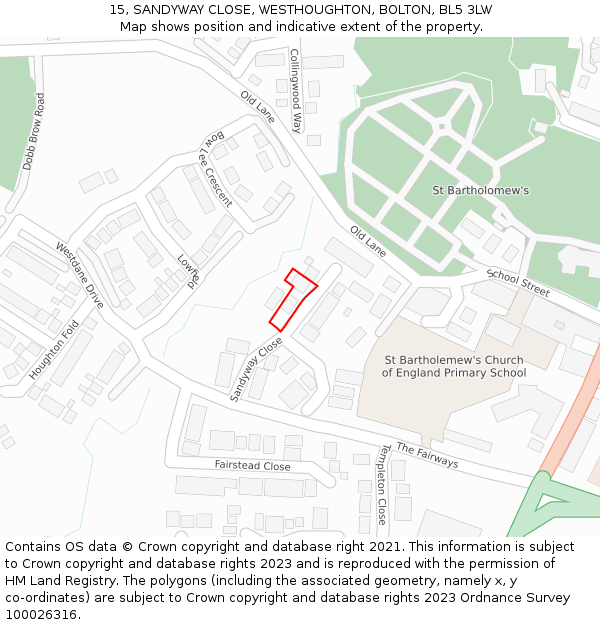 15, SANDYWAY CLOSE, WESTHOUGHTON, BOLTON, BL5 3LW: Location map and indicative extent of plot