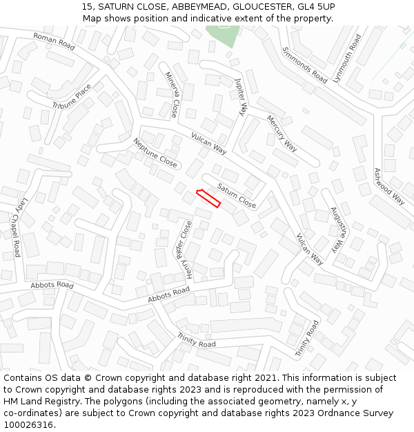 15, SATURN CLOSE, ABBEYMEAD, GLOUCESTER, GL4 5UP: Location map and indicative extent of plot