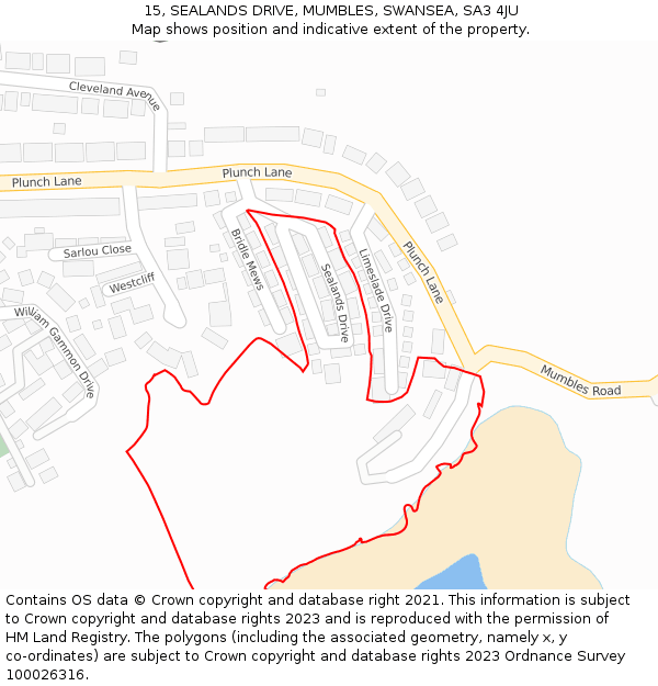 15, SEALANDS DRIVE, MUMBLES, SWANSEA, SA3 4JU: Location map and indicative extent of plot