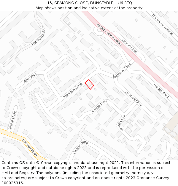 15, SEAMONS CLOSE, DUNSTABLE, LU6 3EQ: Location map and indicative extent of plot