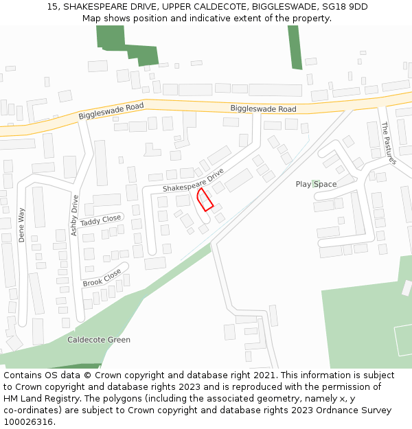 15, SHAKESPEARE DRIVE, UPPER CALDECOTE, BIGGLESWADE, SG18 9DD: Location map and indicative extent of plot