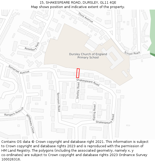 15, SHAKESPEARE ROAD, DURSLEY, GL11 4QE: Location map and indicative extent of plot