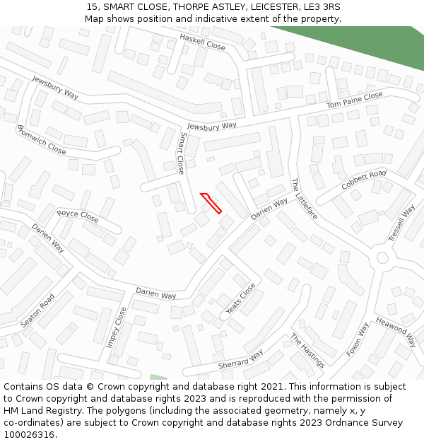 15, SMART CLOSE, THORPE ASTLEY, LEICESTER, LE3 3RS: Location map and indicative extent of plot
