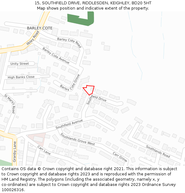 15, SOUTHFIELD DRIVE, RIDDLESDEN, KEIGHLEY, BD20 5HT: Location map and indicative extent of plot