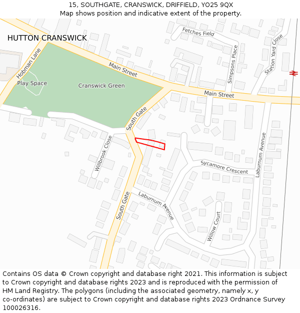 15, SOUTHGATE, CRANSWICK, DRIFFIELD, YO25 9QX: Location map and indicative extent of plot