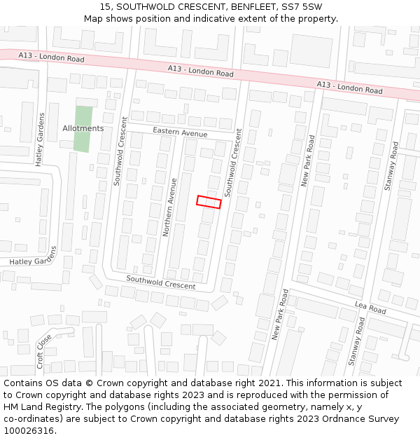 15, SOUTHWOLD CRESCENT, BENFLEET, SS7 5SW: Location map and indicative extent of plot