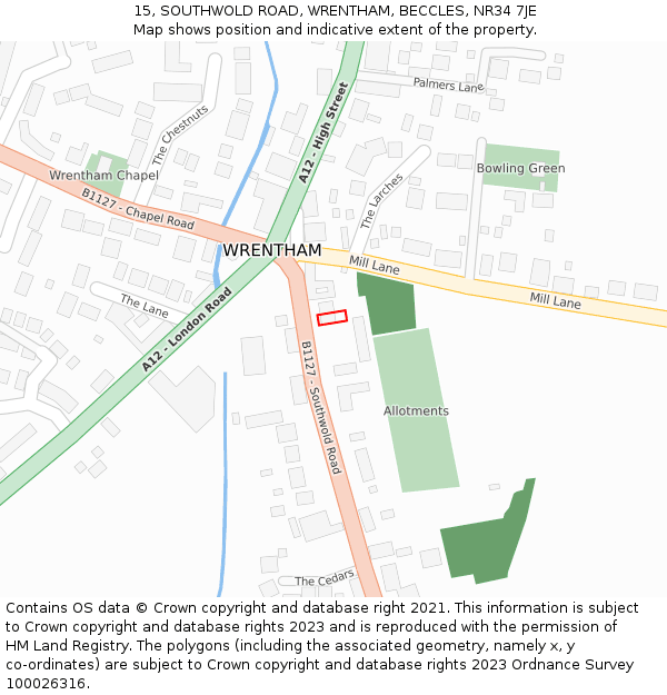 15, SOUTHWOLD ROAD, WRENTHAM, BECCLES, NR34 7JE: Location map and indicative extent of plot