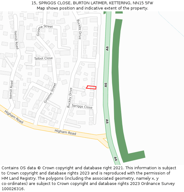 15, SPRIGGS CLOSE, BURTON LATIMER, KETTERING, NN15 5FW: Location map and indicative extent of plot
