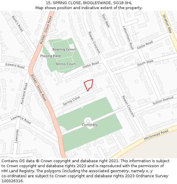 15, SPRING CLOSE, BIGGLESWADE, SG18 0HL: Location map and indicative extent of plot