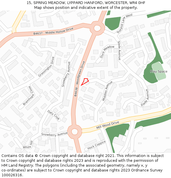 15, SPRING MEADOW, LYPPARD HANFORD, WORCESTER, WR4 0HF: Location map and indicative extent of plot