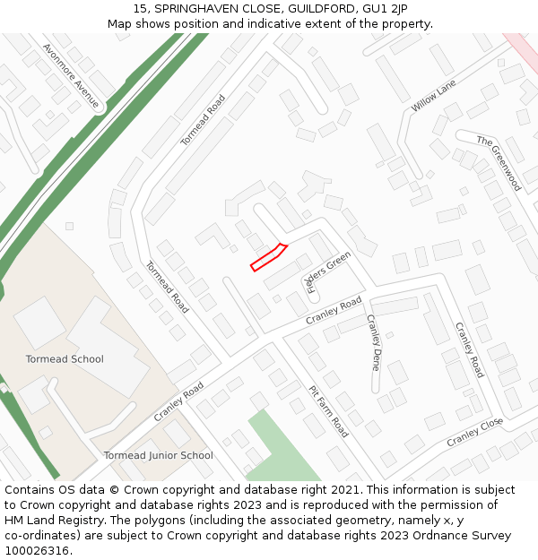15, SPRINGHAVEN CLOSE, GUILDFORD, GU1 2JP: Location map and indicative extent of plot