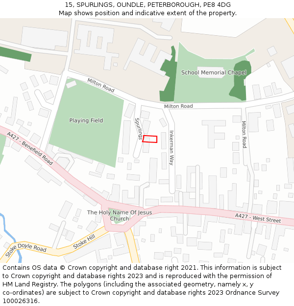 15, SPURLINGS, OUNDLE, PETERBOROUGH, PE8 4DG: Location map and indicative extent of plot