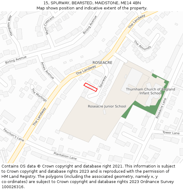15, SPURWAY, BEARSTED, MAIDSTONE, ME14 4BN: Location map and indicative extent of plot