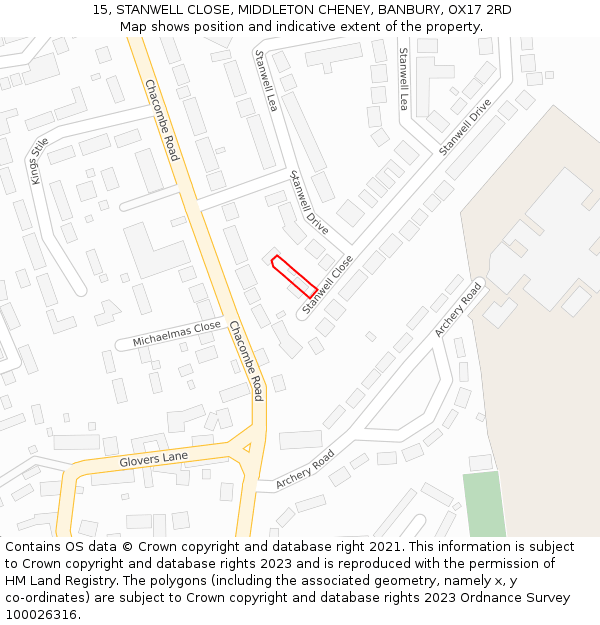 15, STANWELL CLOSE, MIDDLETON CHENEY, BANBURY, OX17 2RD: Location map and indicative extent of plot
