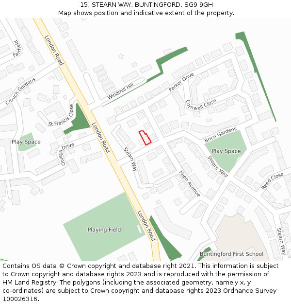 15, STEARN WAY, BUNTINGFORD, SG9 9GH: Location map and indicative extent of plot
