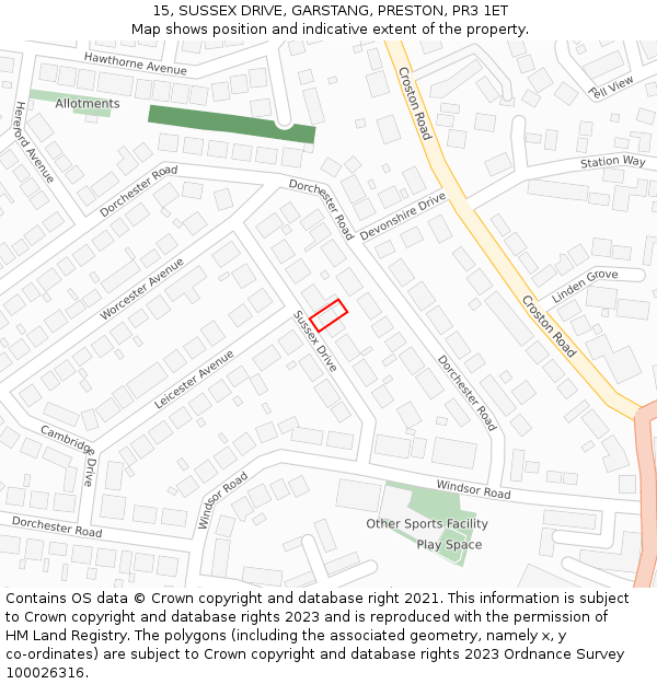15, SUSSEX DRIVE, GARSTANG, PRESTON, PR3 1ET: Location map and indicative extent of plot
