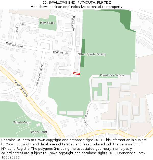 15, SWALLOWS END, PLYMOUTH, PL9 7DZ: Location map and indicative extent of plot