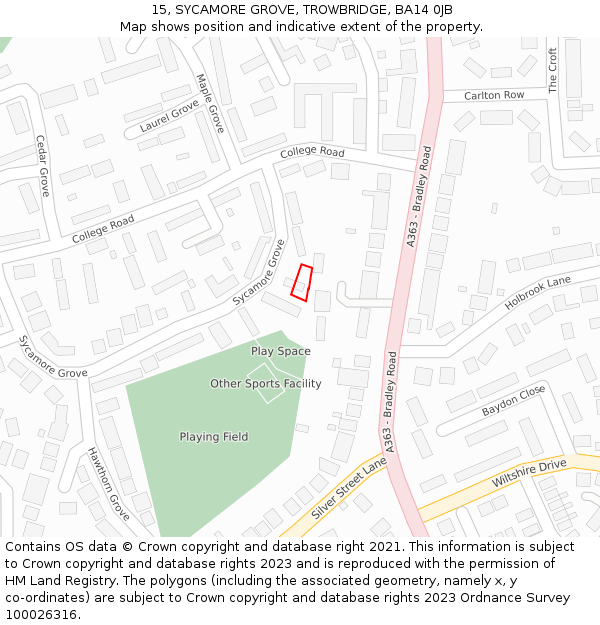 15, SYCAMORE GROVE, TROWBRIDGE, BA14 0JB: Location map and indicative extent of plot