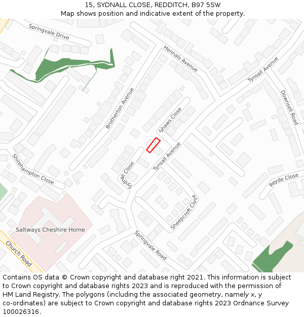 15, SYDNALL CLOSE, REDDITCH, B97 5SW: Location map and indicative extent of plot