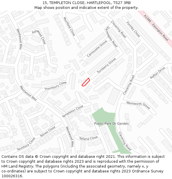 15, TEMPLETON CLOSE, HARTLEPOOL, TS27 3RB: Location map and indicative extent of plot