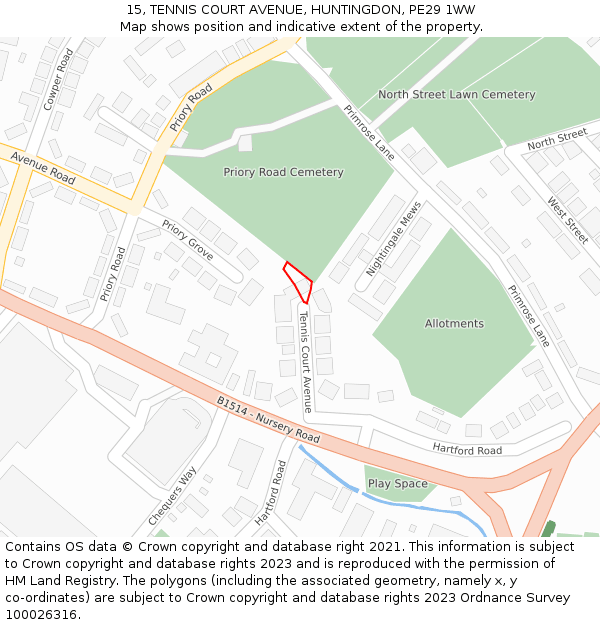 15, TENNIS COURT AVENUE, HUNTINGDON, PE29 1WW: Location map and indicative extent of plot
