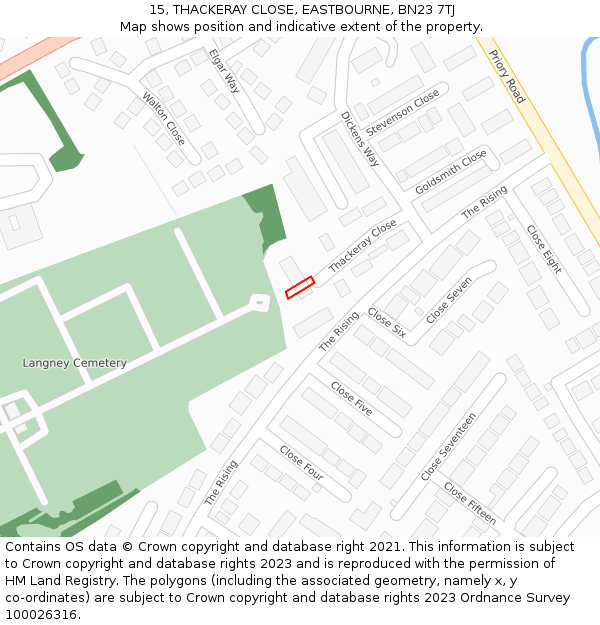 15, THACKERAY CLOSE, EASTBOURNE, BN23 7TJ: Location map and indicative extent of plot