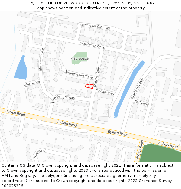 15, THATCHER DRIVE, WOODFORD HALSE, DAVENTRY, NN11 3UG: Location map and indicative extent of plot