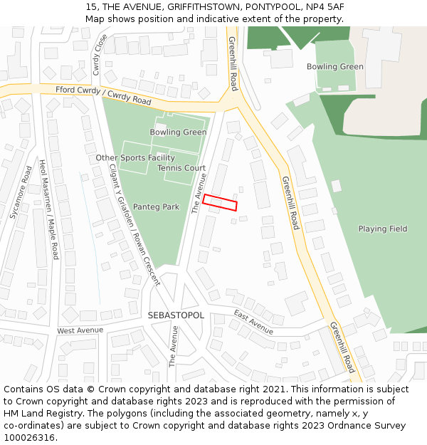 15, THE AVENUE, GRIFFITHSTOWN, PONTYPOOL, NP4 5AF: Location map and indicative extent of plot