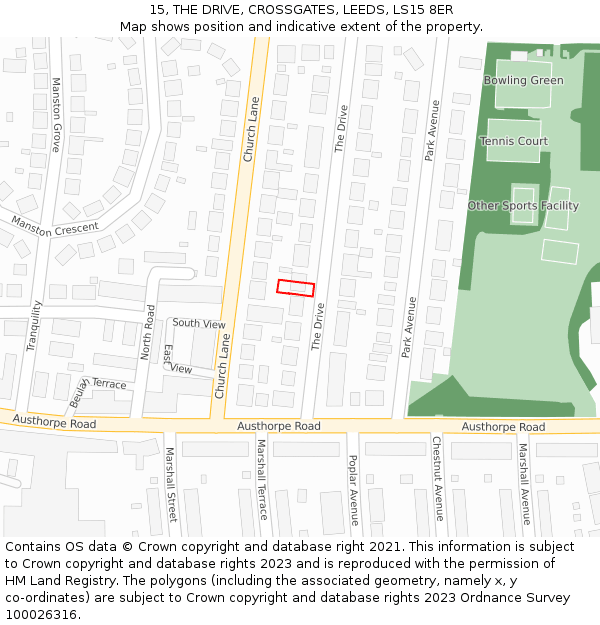 15, THE DRIVE, CROSSGATES, LEEDS, LS15 8ER: Location map and indicative extent of plot