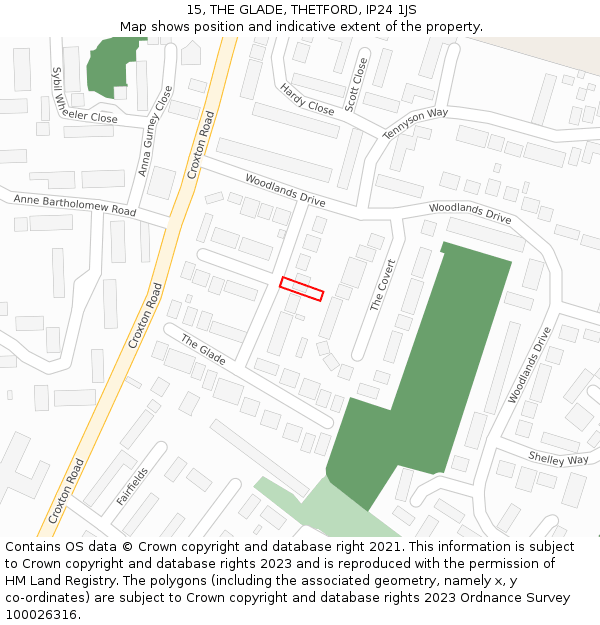 15, THE GLADE, THETFORD, IP24 1JS: Location map and indicative extent of plot