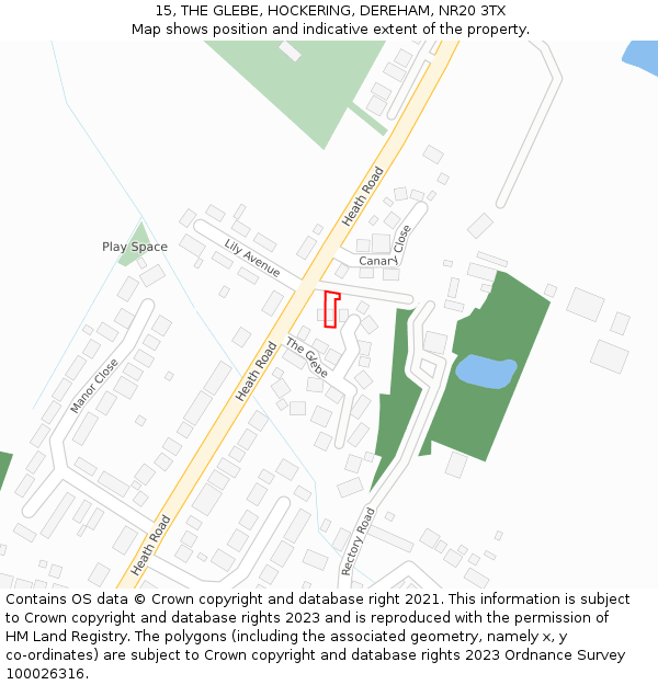 15, THE GLEBE, HOCKERING, DEREHAM, NR20 3TX: Location map and indicative extent of plot