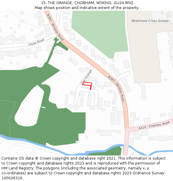 15, THE GRANGE, CHOBHAM, WOKING, GU24 8NQ: Location map and indicative extent of plot