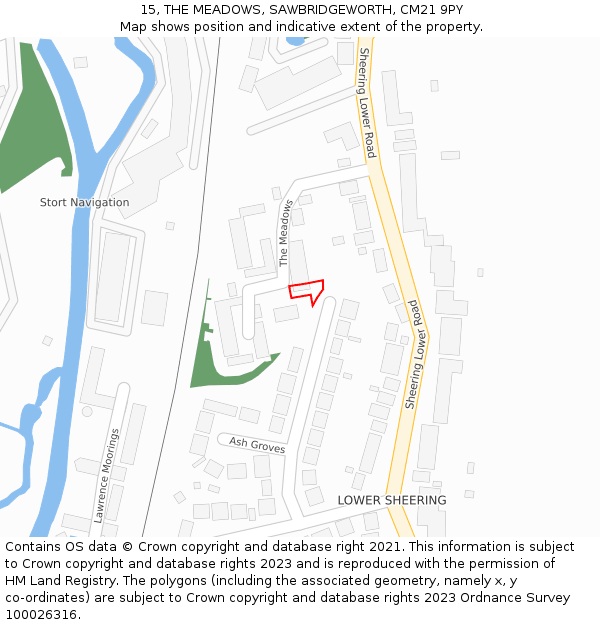15, THE MEADOWS, SAWBRIDGEWORTH, CM21 9PY: Location map and indicative extent of plot