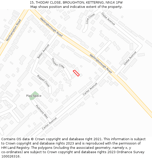 15, THODAY CLOSE, BROUGHTON, KETTERING, NN14 1PW: Location map and indicative extent of plot