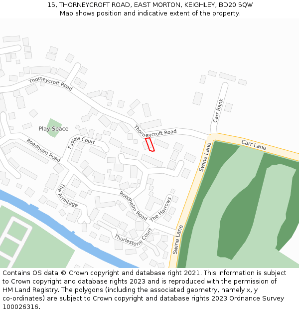 15, THORNEYCROFT ROAD, EAST MORTON, KEIGHLEY, BD20 5QW: Location map and indicative extent of plot