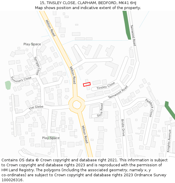 15, TINSLEY CLOSE, CLAPHAM, BEDFORD, MK41 6HJ: Location map and indicative extent of plot