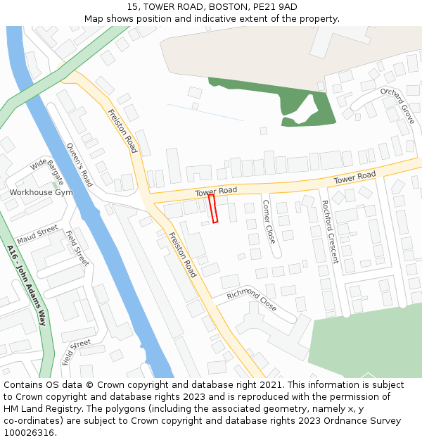 15, TOWER ROAD, BOSTON, PE21 9AD: Location map and indicative extent of plot