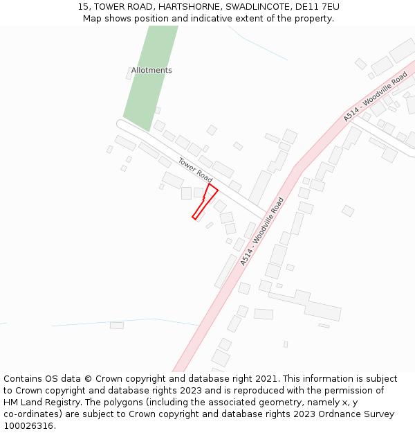 15, TOWER ROAD, HARTSHORNE, SWADLINCOTE, DE11 7EU: Location map and indicative extent of plot