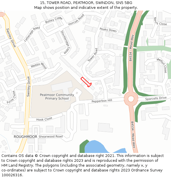 15, TOWER ROAD, PEATMOOR, SWINDON, SN5 5BG: Location map and indicative extent of plot