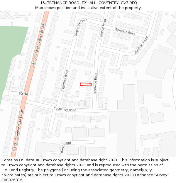15, TRENANCE ROAD, EXHALL, COVENTRY, CV7 9FQ: Location map and indicative extent of plot