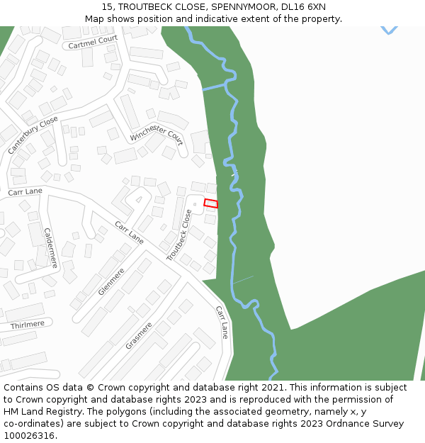 15, TROUTBECK CLOSE, SPENNYMOOR, DL16 6XN: Location map and indicative extent of plot