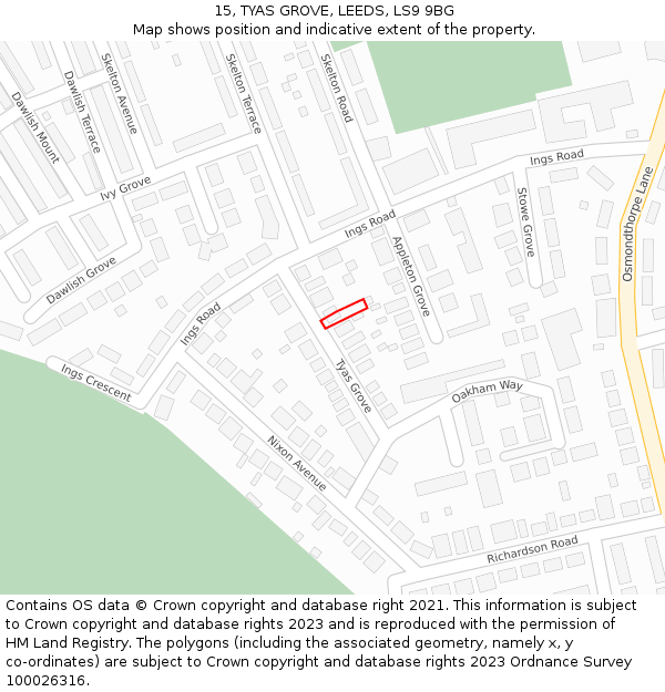15, TYAS GROVE, LEEDS, LS9 9BG: Location map and indicative extent of plot
