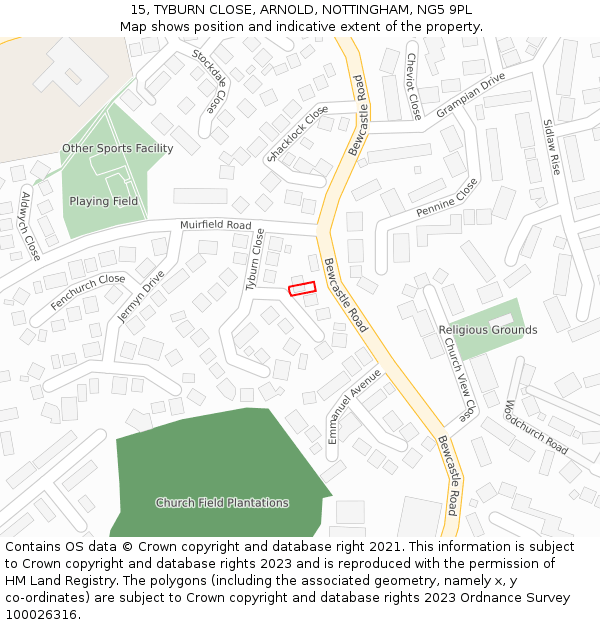 15, TYBURN CLOSE, ARNOLD, NOTTINGHAM, NG5 9PL: Location map and indicative extent of plot