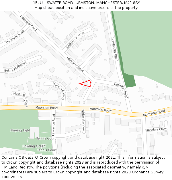 15, ULLSWATER ROAD, URMSTON, MANCHESTER, M41 8SY: Location map and indicative extent of plot