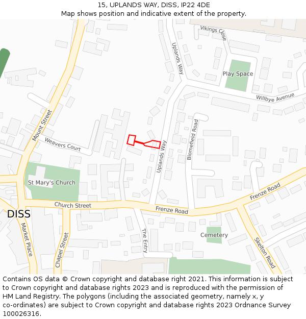 15, UPLANDS WAY, DISS, IP22 4DE: Location map and indicative extent of plot