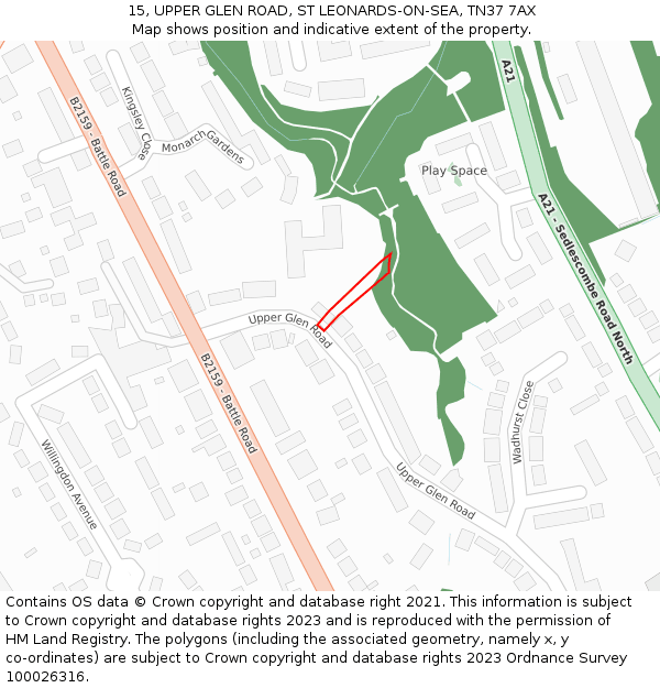 15, UPPER GLEN ROAD, ST LEONARDS-ON-SEA, TN37 7AX: Location map and indicative extent of plot