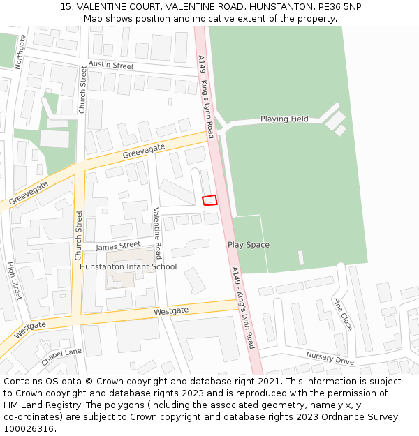 15, VALENTINE COURT, VALENTINE ROAD, HUNSTANTON, PE36 5NP: Location map and indicative extent of plot