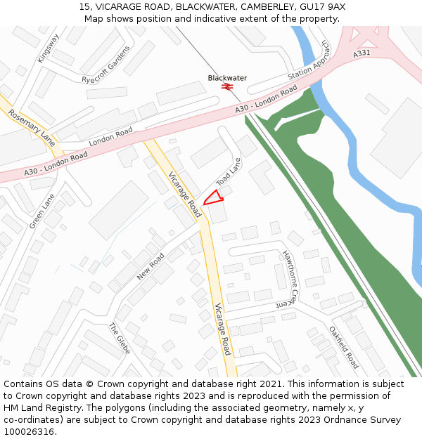 15, VICARAGE ROAD, BLACKWATER, CAMBERLEY, GU17 9AX: Location map and indicative extent of plot